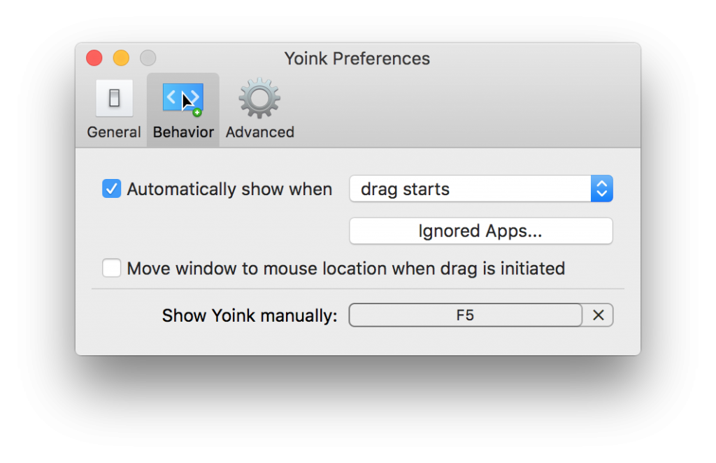 Programos „Yoink“ nustatymai